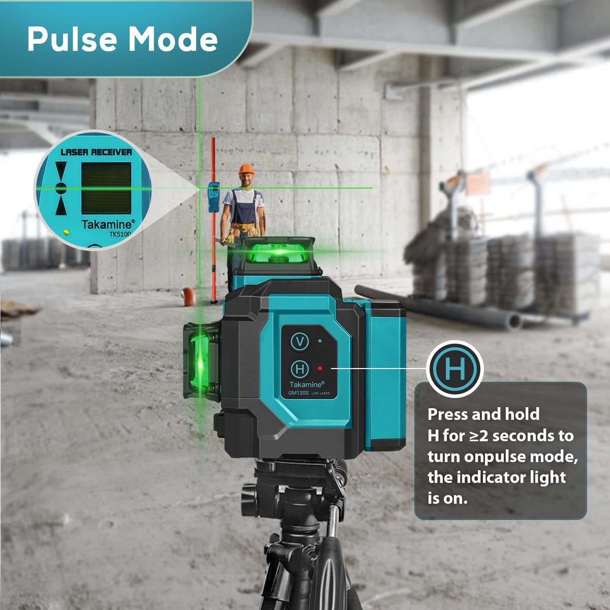Takamine 3x360° 12 Lines Self Leveling Green Laser Level, 3D Cross Line for Construction/Picture Hanging with Removable Li-ion Battery, Remote Takamine