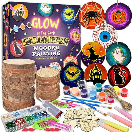 onebora Halloween Wooden Painting Craft Kits for Kids,Glow in The Dark Painting Kit for Kids Ages 6-12,Halloween Crafts for Kids Party onebora