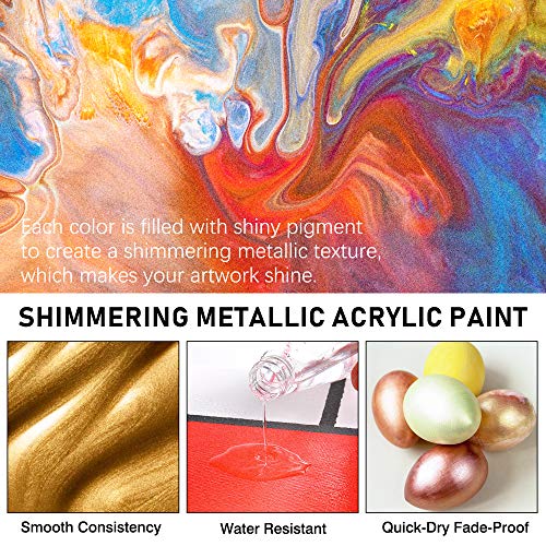 ABEIER Metallic Acrylic Paint, Set of 24 Metallic Colors in 2oz/60ml Bottle, Rich Pigments, Non Fading, Non Toxic Paints for Artist, Beginners & Kids Abeier