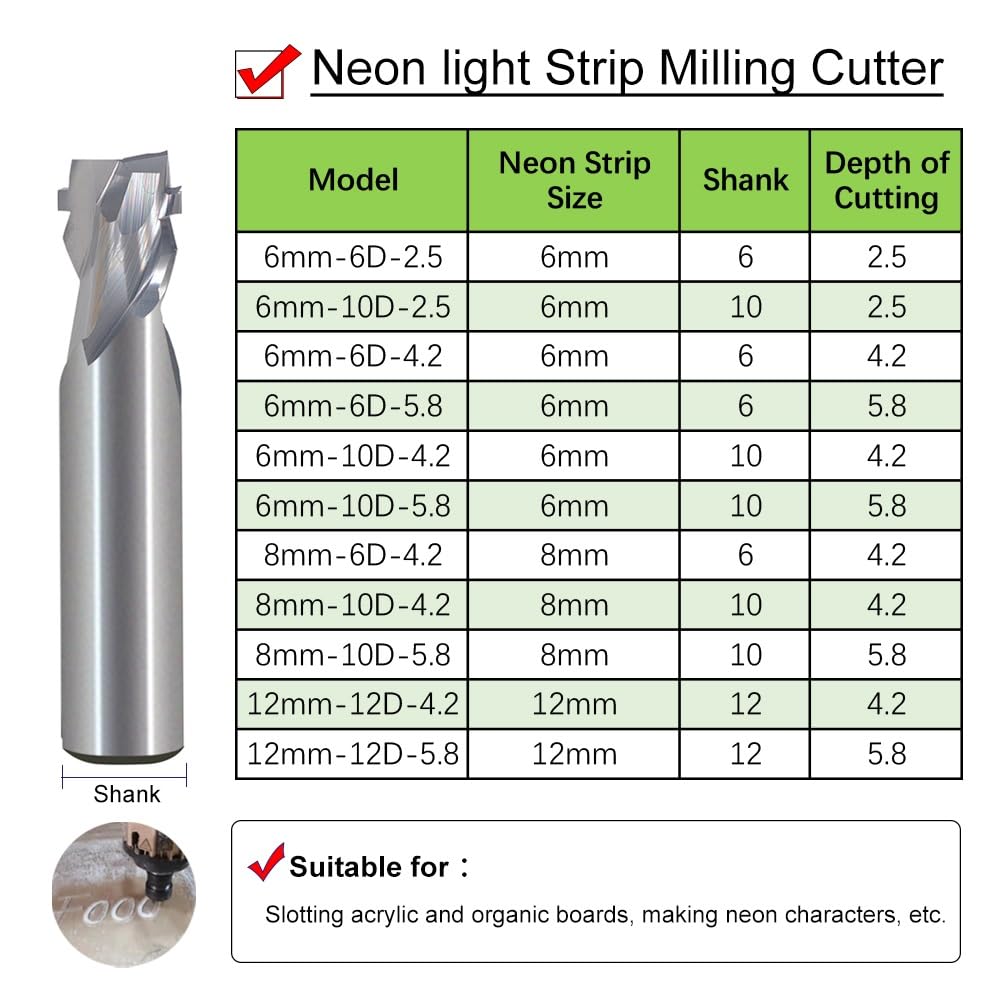 1Pcs CNC Router Bits Engraving Cutter 6mm/8mm Neon Light Strip Slotting Bits Tungsten Carbide Steel End Mill Neon LED Lights Slotting Milling Cutter - WoodArtSupply