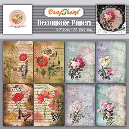 CrafTreat Rose Decoupage Paper for Crafts and Furniture - Poppies and Roses - Size: A4 (8.3 x 11.7 Inch) 8 Pcs - Furniture Decoupage Paper Poppies - - WoodArtSupply