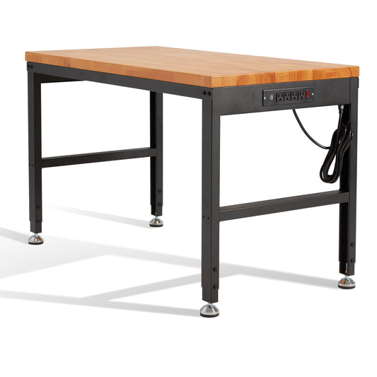 HABUTWAY Height Adjustable Workbench 48" 2000 Lbs Capacity Oak Wood Work Station Heavy-Duty Work Benches with Power Outlets for Garage Party Shop - WoodArtSupply