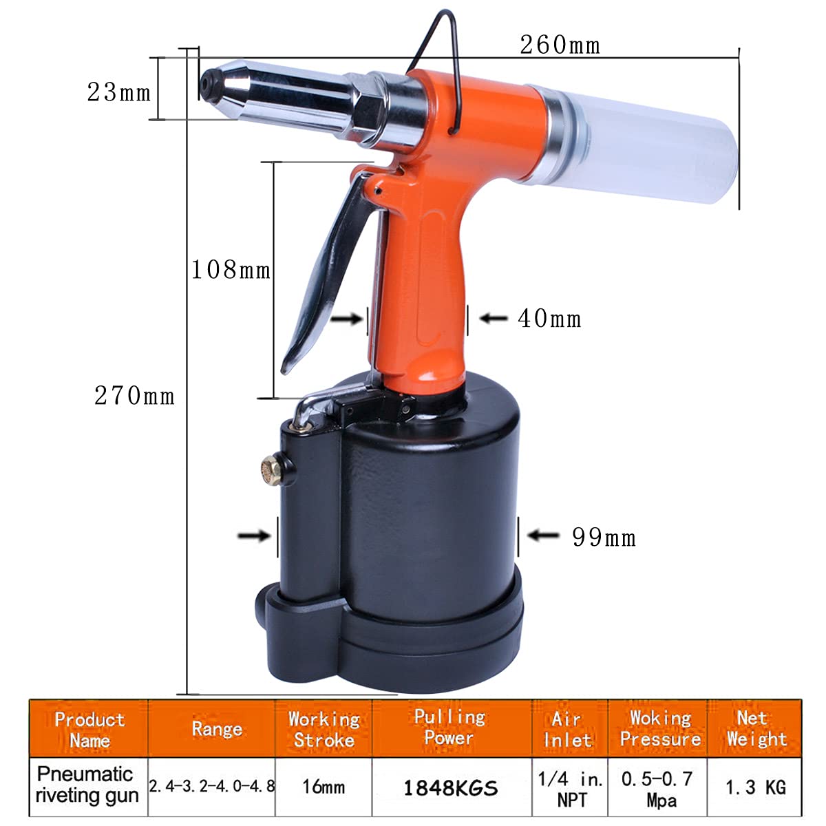 Wadoy Pneumatic Air Riveter Pop Rivet Gun Tool Kit, with 1/4" 3/16" 5/32" 1/8" and 3/32" Nose Pieces, Heavy Duty Air Hydraulic Rivet Gun - WoodArtSupply