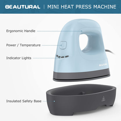 BEAUTURAL Mini Heat Press Machine, Easy to Use for T-Shirts, Shoes, Hats, Bags and Small HTV Vinyl Projects Transfer, 4 Heat Settings & Precision - WoodArtSupply