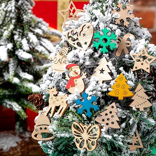300 Pieces Christmas Unfinished Mini Wooden Ornaments Christmas DIY Mini Wood Blank Cutouts Christmas Tree Painting DIY Craft for Xmas Decorations