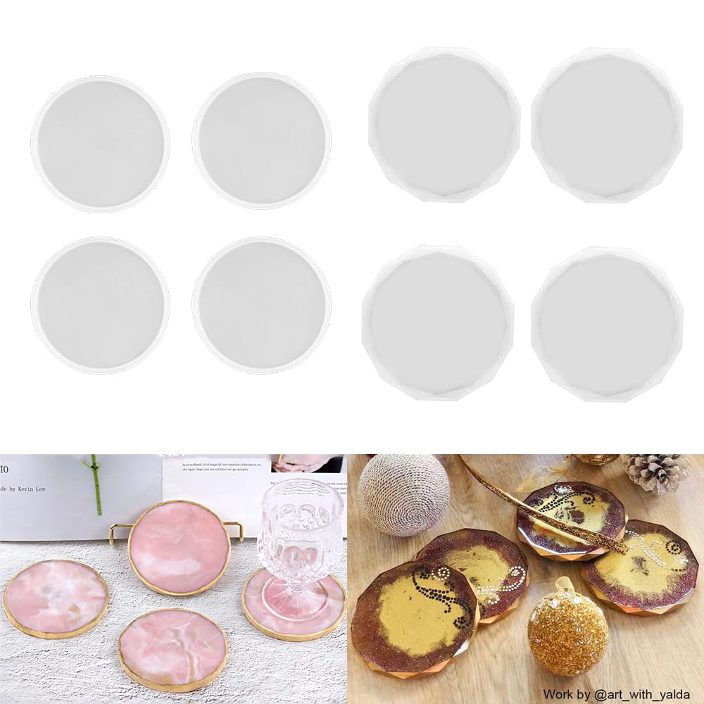 ResinWorld 4 Pack Resin Coaster Molds, Diamond Edge Crystal Coaster Molds + 4 Pack 4 inches Round Coaster Molds, Thick Coaster Silicone Molds ResinWorld