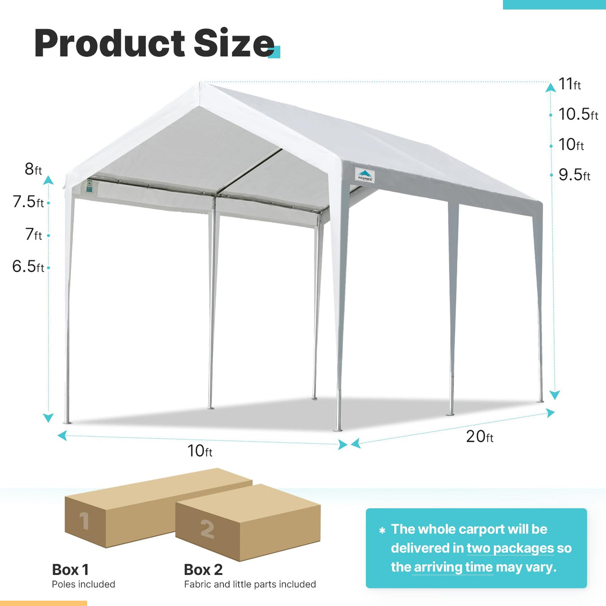 ADVANCE OUTDOOR Adjustable 10x20 ft Heavy Duty Carports Car Canopy Garage Boat Shelter Party Tent, Adjustable Height from 9.5 ft to 11 ft, White ADVANCE OUTDOOR