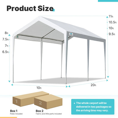 ADVANCE OUTDOOR Adjustable 10x20 ft Heavy Duty Carports Car Canopy Garage Boat Shelter Party Tent, Adjustable Height from 9.5 ft to 11 ft, White