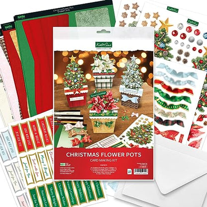 Katy Sue Christmas Flower Pots Card Making Kit - Contains 8 Cards & Envelopes, 4 Sheets Christmas Decoupage, 1 Sheet Decoupage Bows & 2 Sheets Foiled - WoodArtSupply