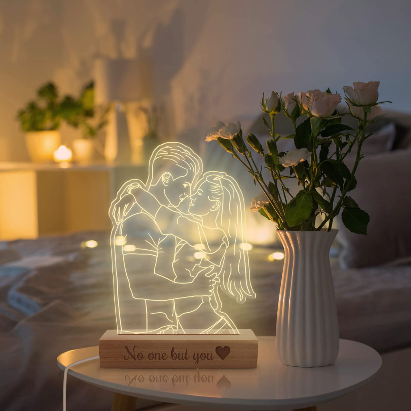 Uoffice5 Custom 3D Photo Lamp Personalized Picture Night Light with Wood Base Customized Portrait Illusion Light Engraved Anniversary Valentine's Day - WoodArtSupply