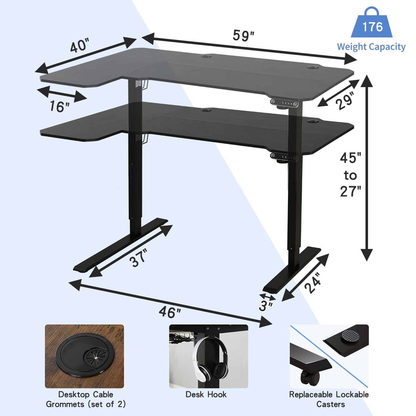 BUNOEM L-Shaped 59" Height Adjustable Electric Standing Desk, Sit and Stand Up Computer Desk For Home Office with Splice Board (Black Top, Black - WoodArtSupply