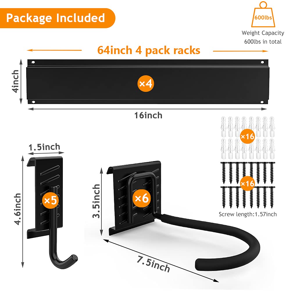 TORACK Bike Storage Rack, 6 Bike Racks & 5 Hooks for Garage, Wall Mount Vertical Bicycles Hanger for Home Space Saving, up to 600lbs, 64-inch TORACK