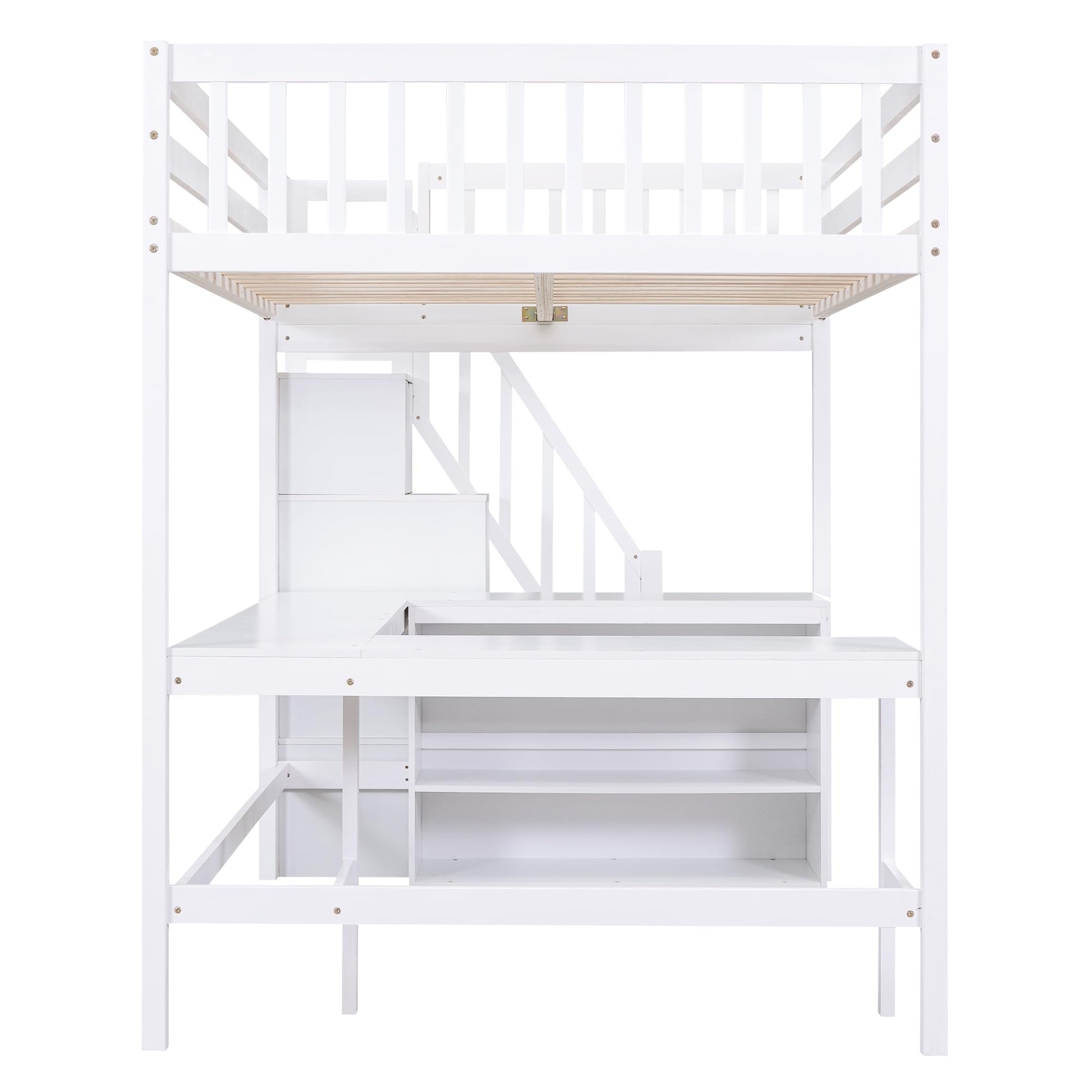 Full-Size White Loft Bed with Desk, Stairs, and Storage for Kids, Teens, and Adults - WoodArtSupply