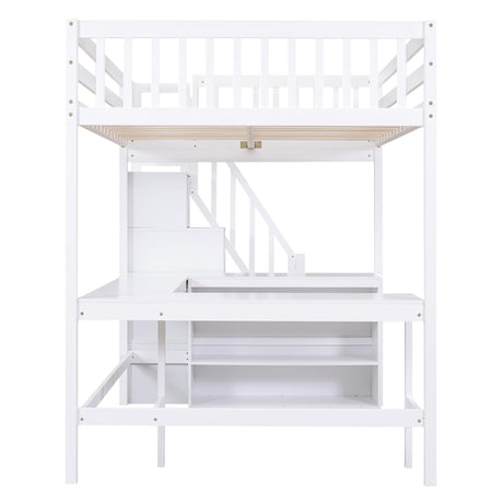 Full-Size White Loft Bed with Desk, Stairs, and Storage for Kids, Teens, and Adults Bellemave