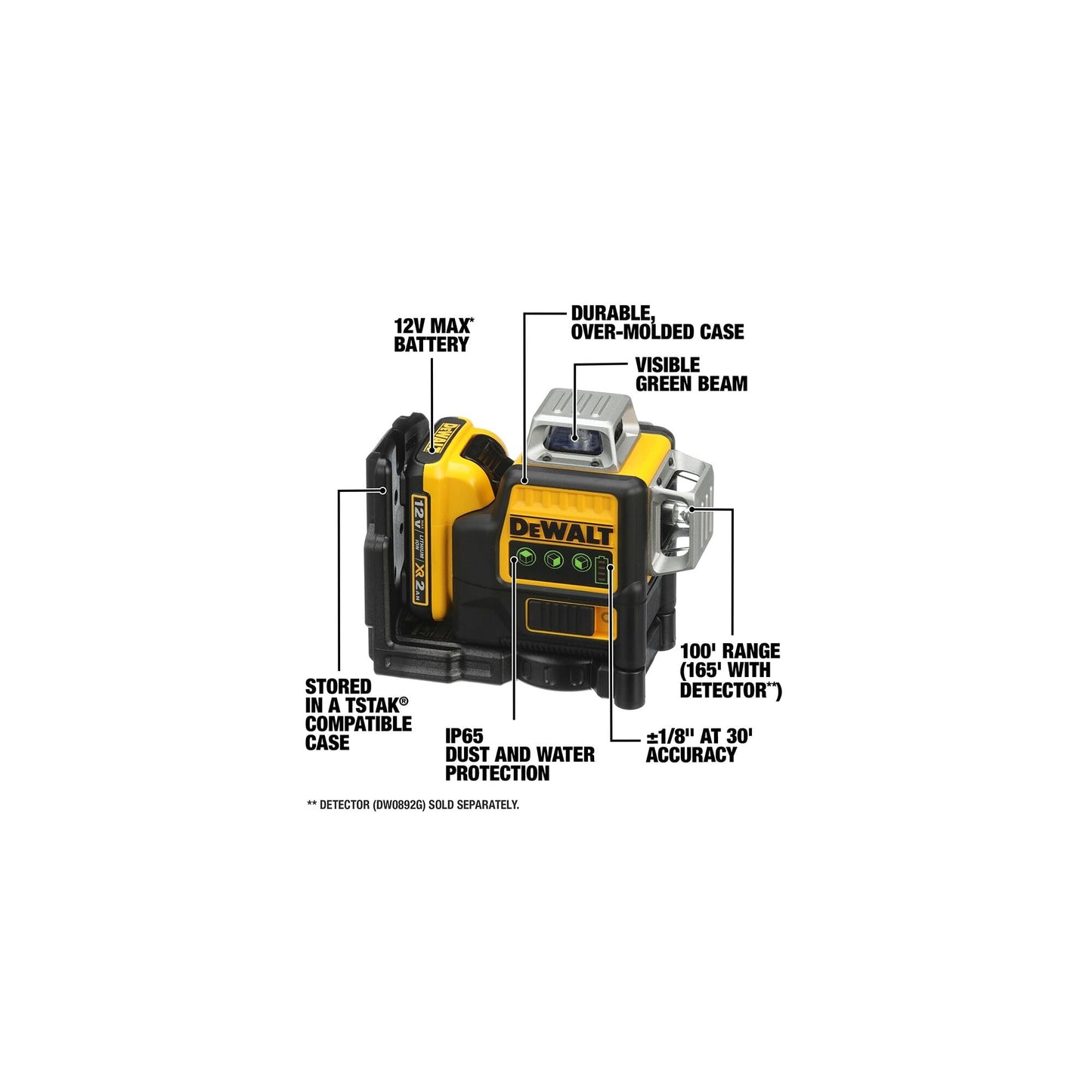 DEWALT 12V MAX Laser Level, Green Line Laser, 3-Way, 360 Degree Professional Laser, Cordless/Rechargeable (DW089LG),Yellow - WoodArtSupply