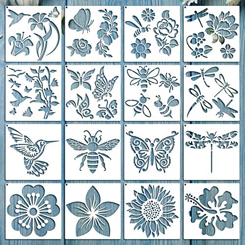 16 Pieces Flower Stencil for Painting Bee Sunflower Butterfly Spring Stencil Large Template Reusable Summer Painting Stencil and Metal Open Ring for Zonon