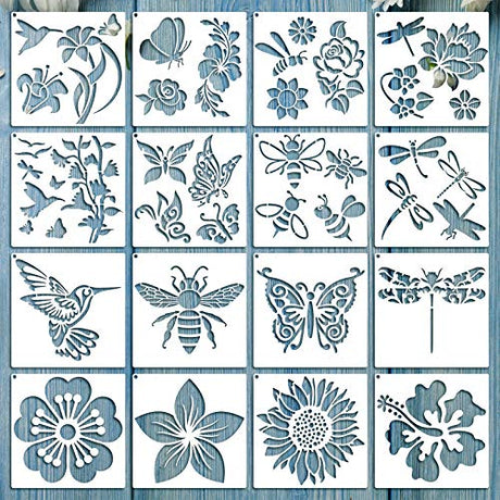 16 Pieces Flower Stencil for Painting Bee Sunflower Butterfly Spring Stencil Large Template Reusable Summer Painting Stencil and Metal Open Ring for Zonon
