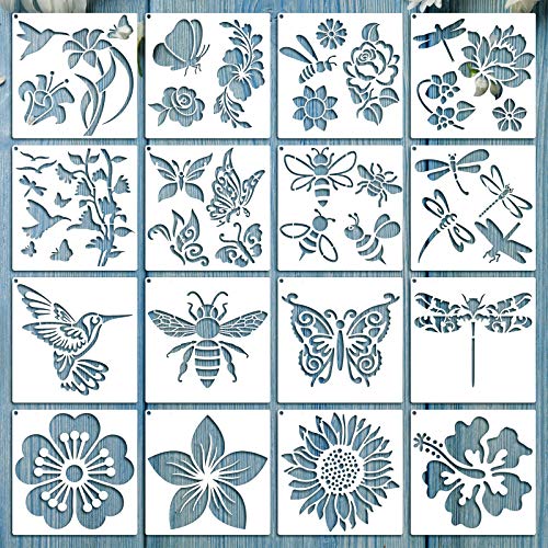 16 Pieces Flower Stencil for Painting Bee Sunflower Butterfly Spring Stencil Large Template Reusable Summer Painting Stencil and Metal Open Ring for