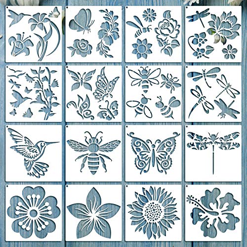 16 Pieces Flower Stencil for Painting Bee Sunflower Butterfly Spring Stencil Large Template Reusable Summer Painting Stencil and Metal Open Ring for - WoodArtSupply