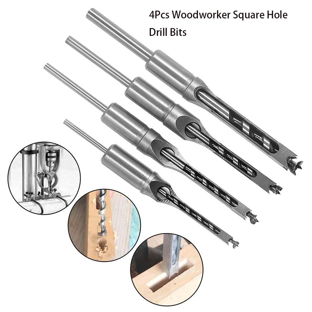 WSOOX Square Hole Drill Bits for Wood, Woodworking Hole Saw Mortising Chisel Drill Bits (Size: 1/4 inch, 5/16 inch, 3/8 inch, 1/2 inch) WSXTOOL
