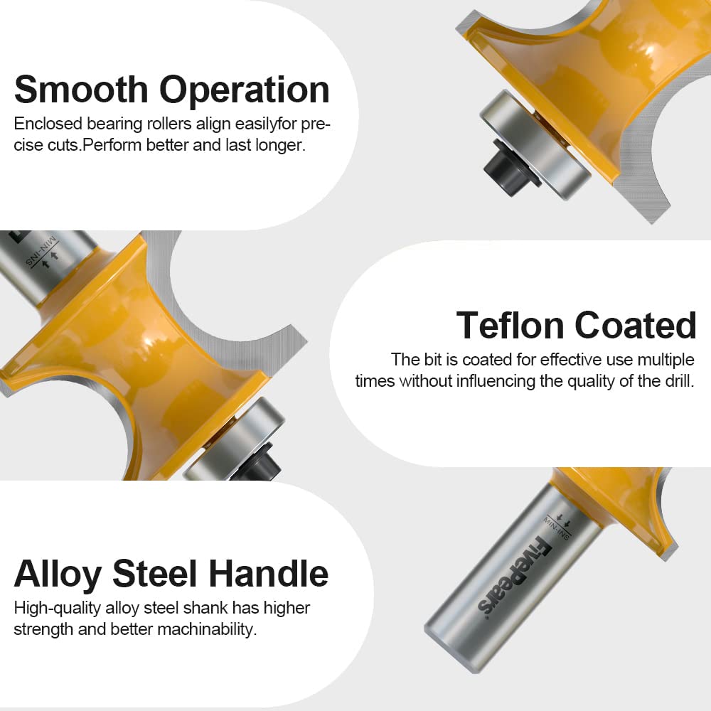 Fivepears 5Pcs Bullnose Router Bit Set 1/2 Shank, Bearing Half Round Router Bits for Woodworking, Carbide Tipped Edge Bits for Cutting Door Cabinet FIVEPEARS