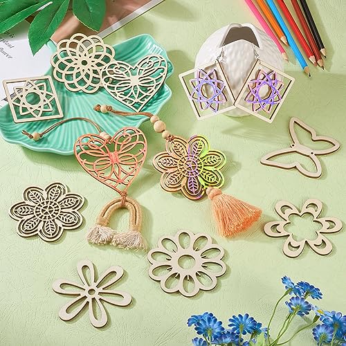 Elecrelive 48pcs Laser Cut Wood Shapes Large Unfinished Wood Flower Cutouts Hollow Wooden Pieces for Painting Crafts Hainging Ornament Home Wedding EEE ELECRELIVE