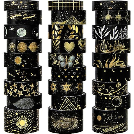 NANYNNU Black Washi Tape Set, 27 Rolls Black Gold Foil Decorative Masking Tape for Bullet Journaling, Scrapbooking Supplies, Watercolor Painting NANYNNU