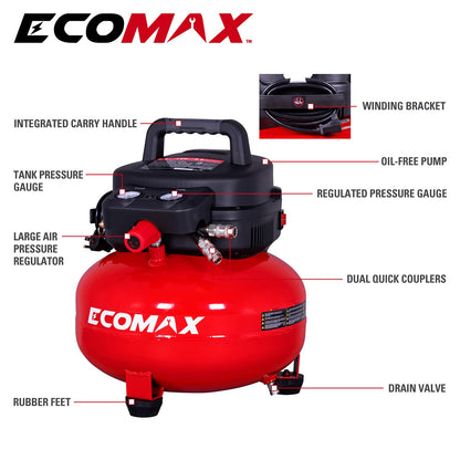 ECOMAX Air Compressor, Portable Air Compressor, 6 Gallon, Pancake Air Compressor, Max 150 PSI, 2.6 CFM @90 Psi, Oil Free Small Electric Air - WoodArtSupply