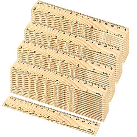 144 PCS 6 Inch 15 cm Wooden Rulers, 2 Scales Accurate Wood School Ruler Double Sided Wood Measuring Tool for Students, Crafts, Office, Home Uses MUKCHAP