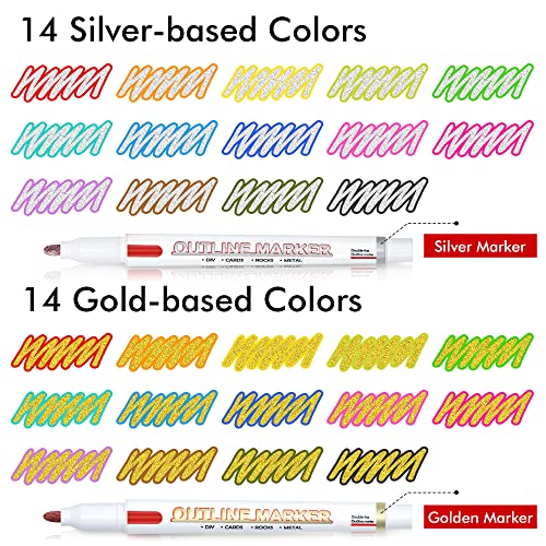 Shuttle Art 28 Pack Double Line Outline Markers, 14 Silver and 14 Gold Colors Squiggles Shimmer Markers Set, Self Outline Metallic Marker Pens for Shuttle Art