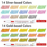 Shuttle Art 28 Pack Double Line Outline Markers, 14 Silver and 14 Gold Colors Squiggles Shimmer Markers Set, Self Outline Metallic Marker Pens for Shuttle Art