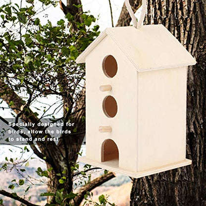 Wooden Bird House Unfinished Unpainted Hanging Cords Birdhouse for Finches and Songbirds Outdoor Decoration DIY Kids Educational 1pcs