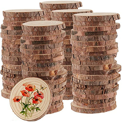 HAKZEON 100 PCS 2.8-3.2 Inches Natural Wood Slices, 2/5 Inches Thick Wood Rounds with Bark, Unfinished Wooden Discs for Crafts Rustic Wedding