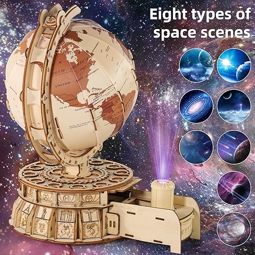 MIEBELY 3D Wooden Illuminated Globe Music Box with Space Projector - DIY LED Puzzle Kit for Adults - WoodArtSupply