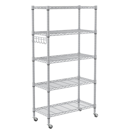 Homdox 5 Tier Adjustable Rolling Storage Shelves, Heavy Duty Wire Storage Racks and Shelving, Metal Shelves for Storage with Side Hooks for Pantry - WoodArtSupply