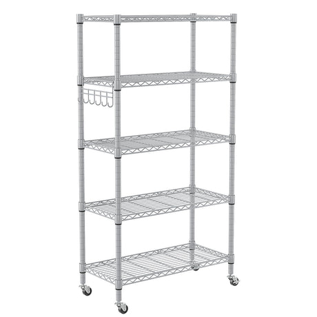 Homdox 5 Tier Adjustable Rolling Storage Shelves, Heavy Duty Wire Storage Racks and Shelving, Metal Shelves for Storage with Side Hooks for Pantry Homdox