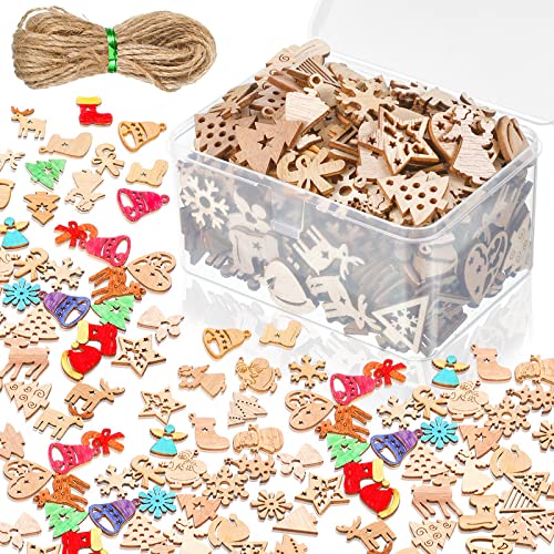 200 Pieces Christmas Unfinished Mini Wooden Ornaments Halloween Thanksgiving DIY Mini Wood Blank Cutouts with Storage Box and Twine for Christmas Yookeer