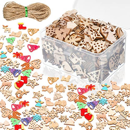 200 Pieces Christmas Unfinished Mini Wooden Ornaments Halloween Thanksgiving DIY Mini Wood Blank Cutouts with Storage Box and Twine for Christmas