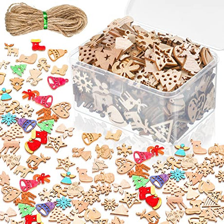 200 Pieces Christmas Unfinished Mini Wooden Ornaments Halloween Thanksgiving DIY Mini Wood Blank Cutouts with Storage Box and Twine for Christmas Yookeer