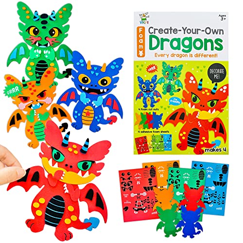 VKPI 4 Pieces EVA Foam Art Crafts Gift Kit, Creative Make Your Own Dragon, Cartoon Foam Paper Craft Projects for Kids Ages 4+ Toddler, Preschool VKPI