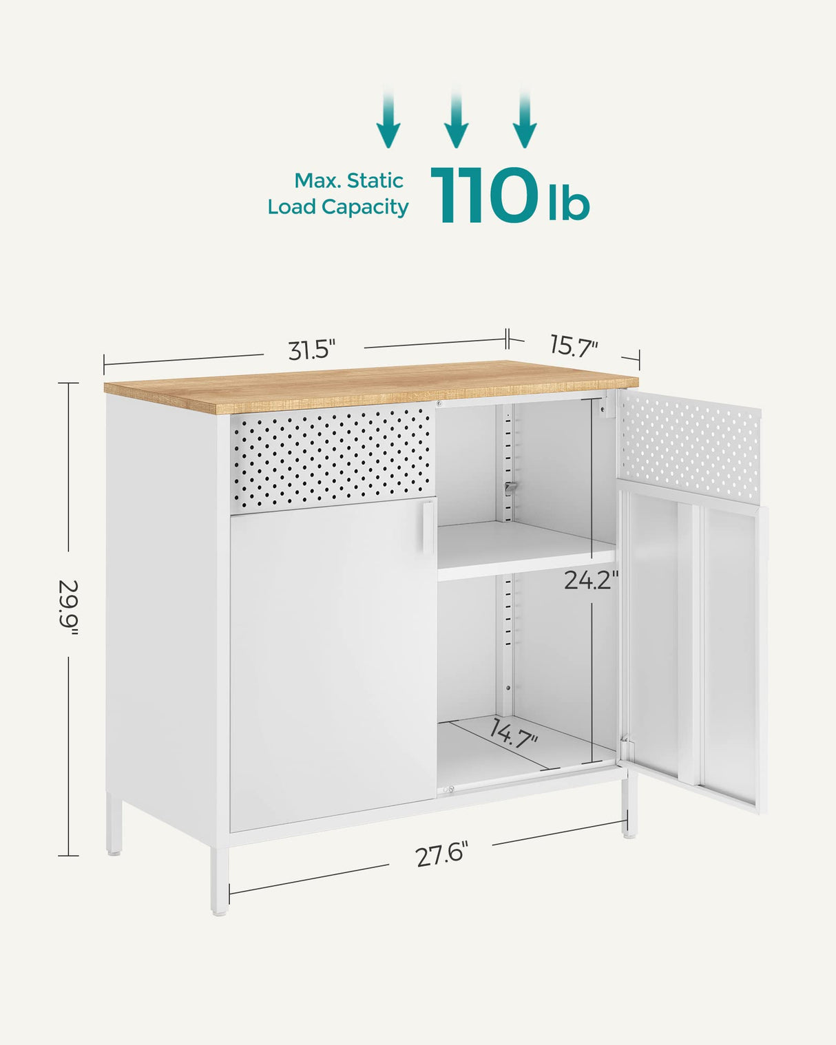 SONGMICS Storage Sideboard, Buffet Table with Adjustable Shelves, Floor Storage Cupboard, Steel Frame, Natural and White ULSC102W57 SONGMICS