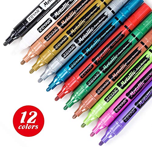 ZEYAR Acrylic Paint Pens, Metallic Colors, Water Based, Medium Point, 12 Colors, Great for Christmas Cards, Album, Rocks, Posters and all kinds of - WoodArtSupply