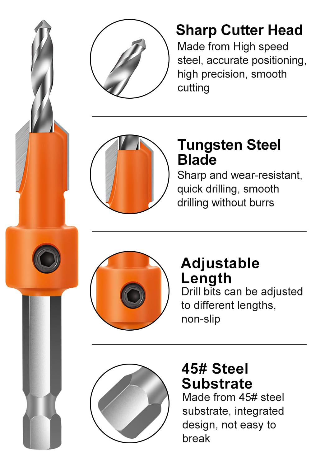 Lytool Countersink Drill Bit Set,5Pcs Counter Sink Drill Bit for Wood,1/4" Hex Shank Tapered Drill Bits for Woodworking and Carpentry,Quick Change Lytool