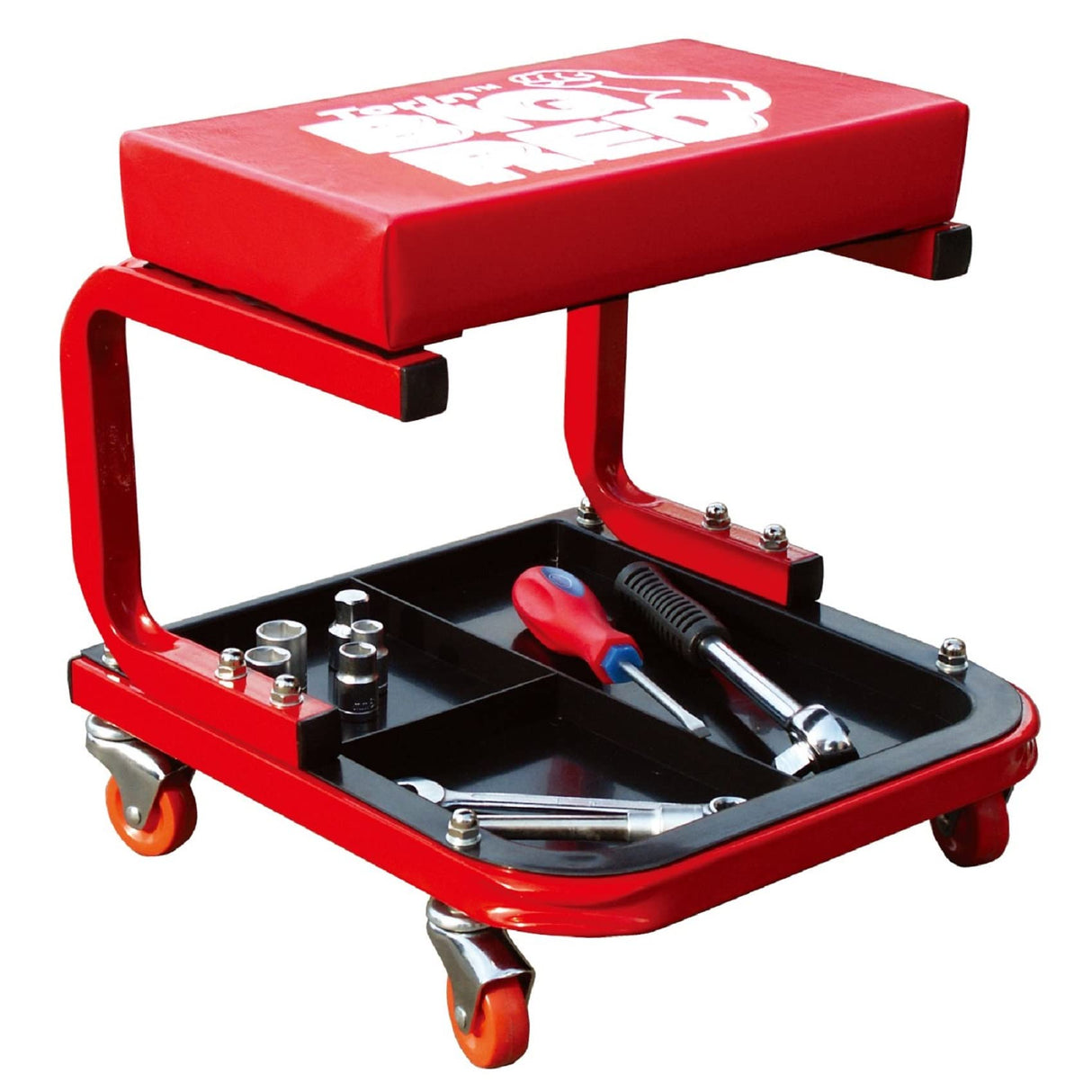 Torin TR6300 Red Rolling Creeper Garage/Shop Seat: Padded Mechanic Stool with Tool Tray BIG RED