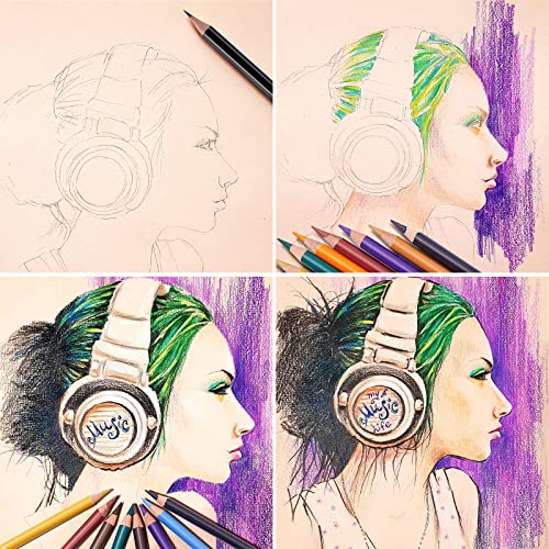 PANDAFLY Professional Drawing Sketching Pencil Set - 12 Pieces Graphite Pencils(14B - 2H) 24 Colors Professional Colour Charcoal Pencils Drawing Set PANDAFLY