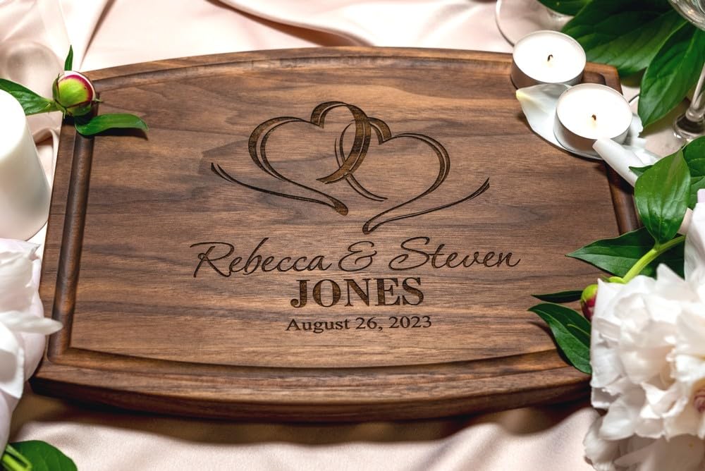 Personalized Cutting Board, Custom Wedding, Anniversary or Housewarming Gift Idea, Wood Engraved Charcuterie, for Newlyweds and Couples, Two Hearts Wedding Gift Boutique