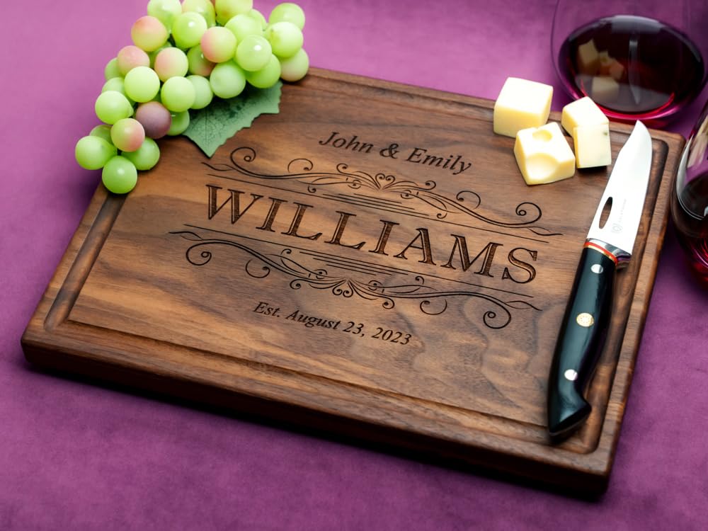 Straga Personalized Cutting Boards | Handmade Wood Engraved Charcuterie | Custom Wedding, Anniversary, Housewarming Gift for Newlyweds (Regal Swirl Straga