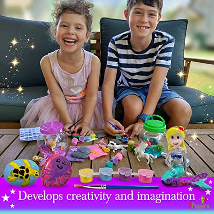 Light Up Mini Mermaid Garden with Paintable Mermaid Toy, Rock Painting & Clay Arts and Crafts for Girls & Boys, DIY Terrarium Kit for Kids, Mermaid