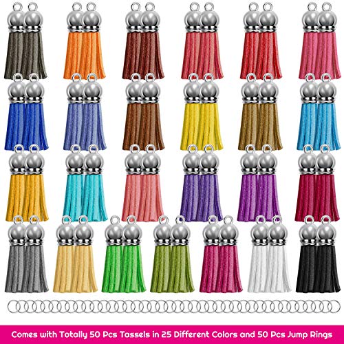 Paxcoo Tassels for Jewelry Making, 50pcs Leather Tassel Keychain Charms Bulk with 50pcs Jump Rings for Bracelets, Acrylic Key Chain Blanks and Craft PAXCOO
