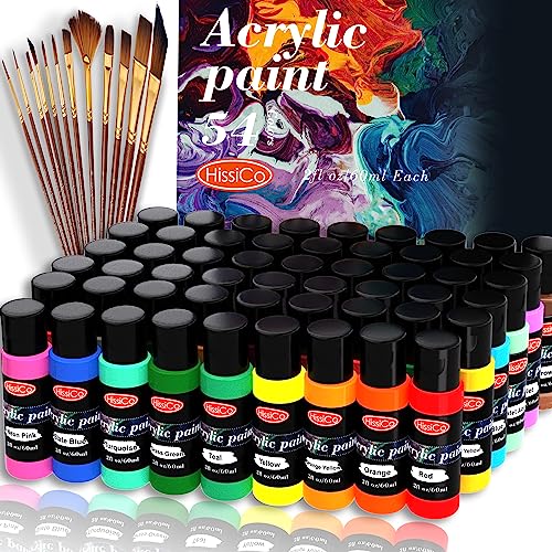 Acrylic Paint Set of 54 Colors 2fl oz 60ml Bottles with12 Brushes,Non Toxic 54 Colors Acrylic Paint No Fading Rich Pigment for Kids Adults Artists HissiCo
